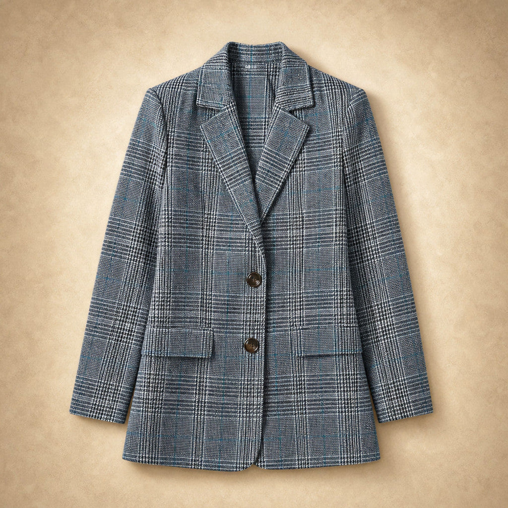 Gweneira | Cropped Plaid Blazer Button-Front Blue – Flat Lay Product Photo