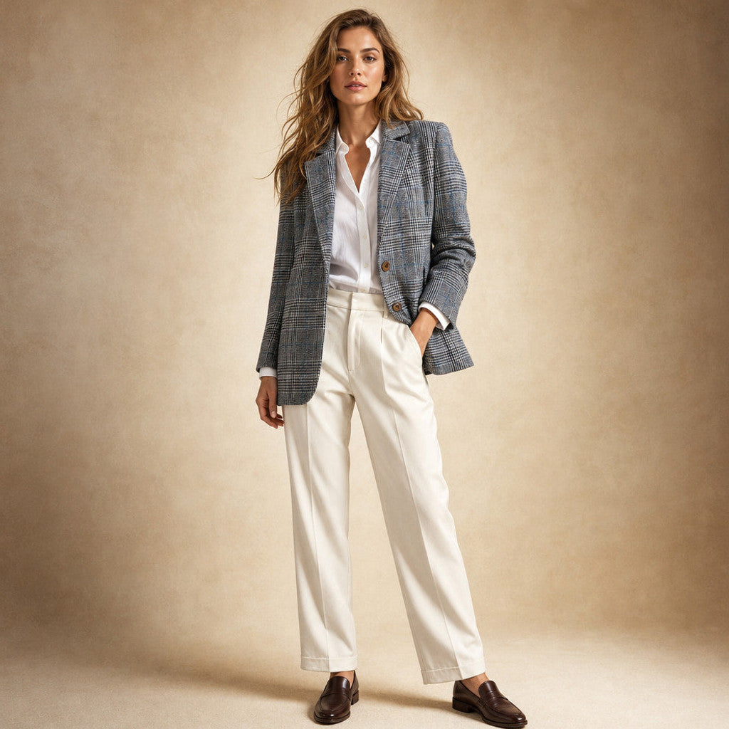 Gweneira | Cropped Plaid Blazer Button-Front Blue – Full Look