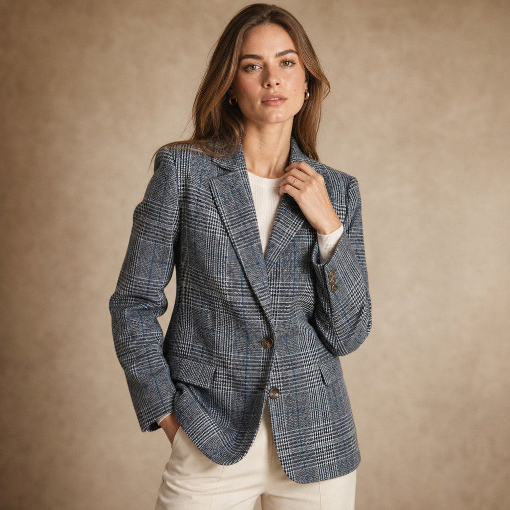 Gweneira | Cropped Plaid Blazer Button-Front in Blue – Premium Editorial