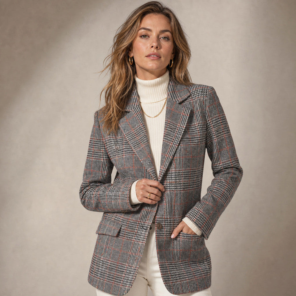 Gweneira | Cropped Plaid Blazer Button-Front in Brown – Premium Editorial