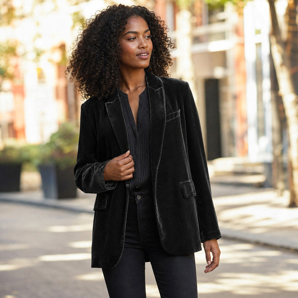 Gwenneth | Embroidered Velvet Blazer Slim Fit Black – Styled Editorial Shot