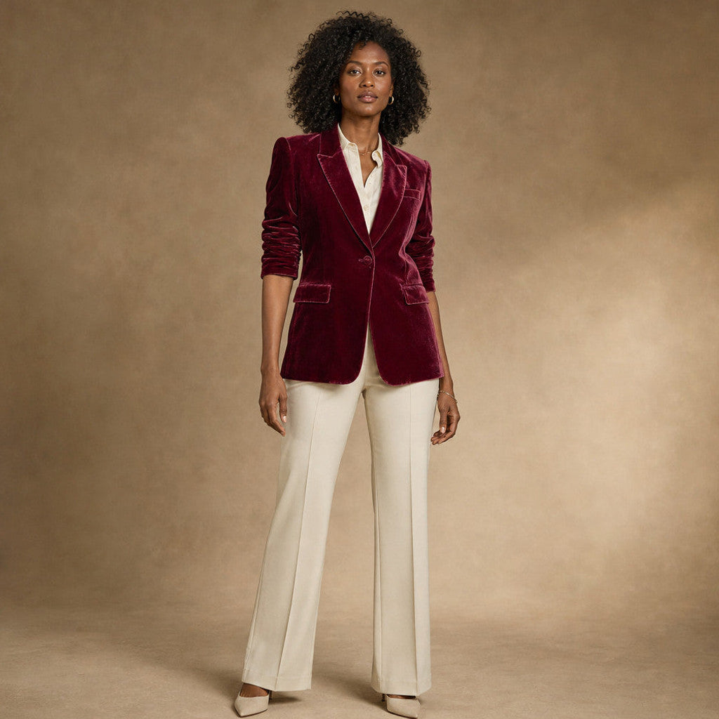 Gwenneth | Embroidered Velvet Blazer Slim Fit in Wine Red – Premium Editorial