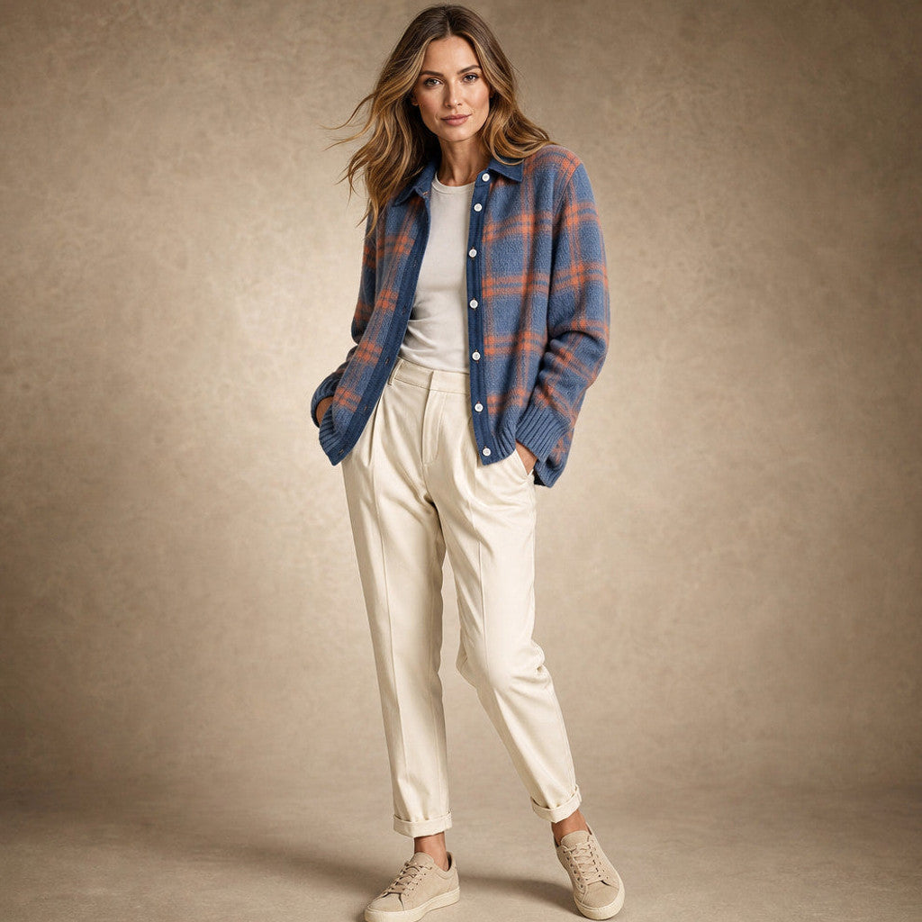 Halcyone | Long Open-Front Cardigan Ribbed Trim Blue – Side Angle View