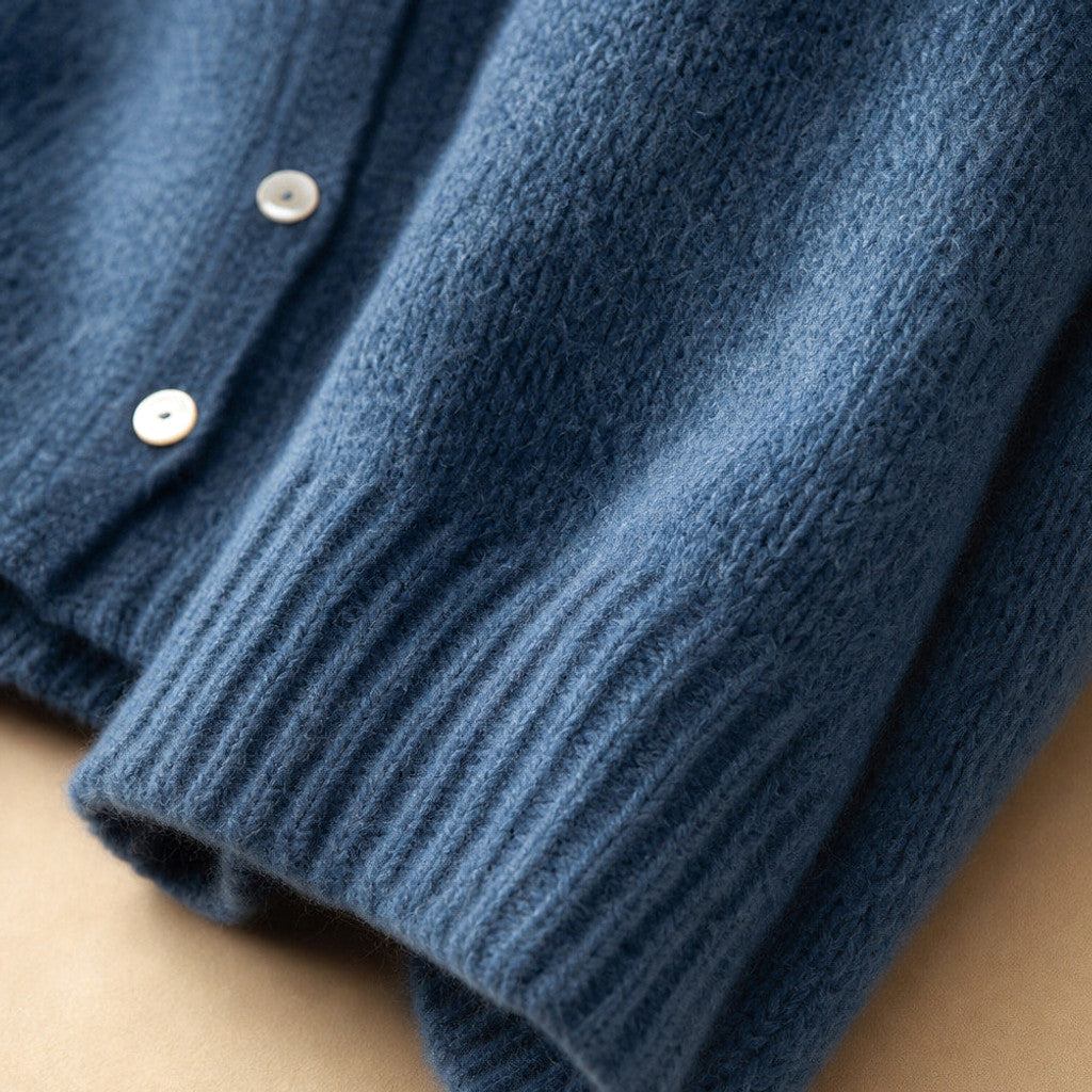 Halcyone | Long Open-Front Cardigan Ribbed Trim Blue – Fabric and Detail Close-Up