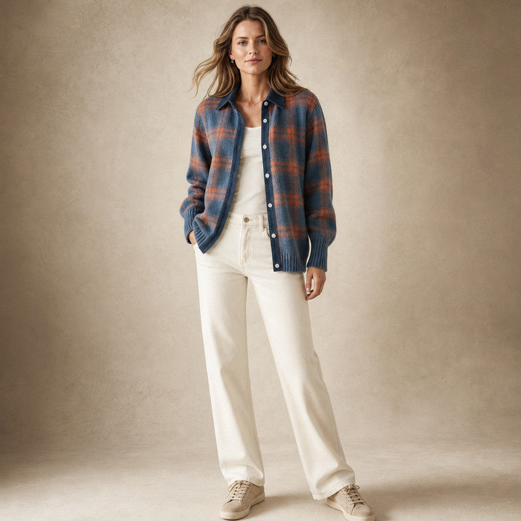 Halcyone | Long Open-Front Cardigan Ribbed Trim Blue – Full Look