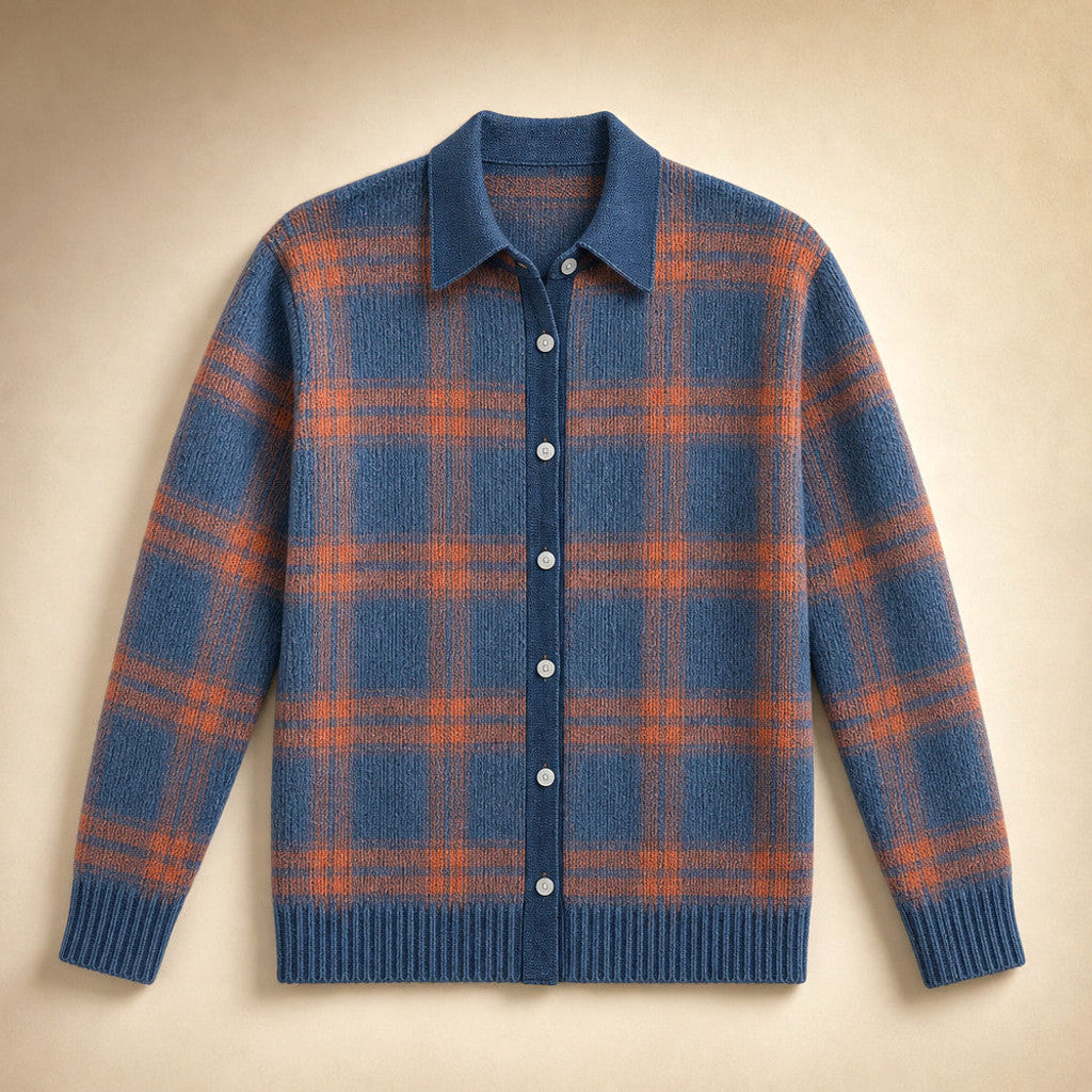 Halcyone | Long Open-Front Cardigan Ribbed Trim Blue – Product Photo