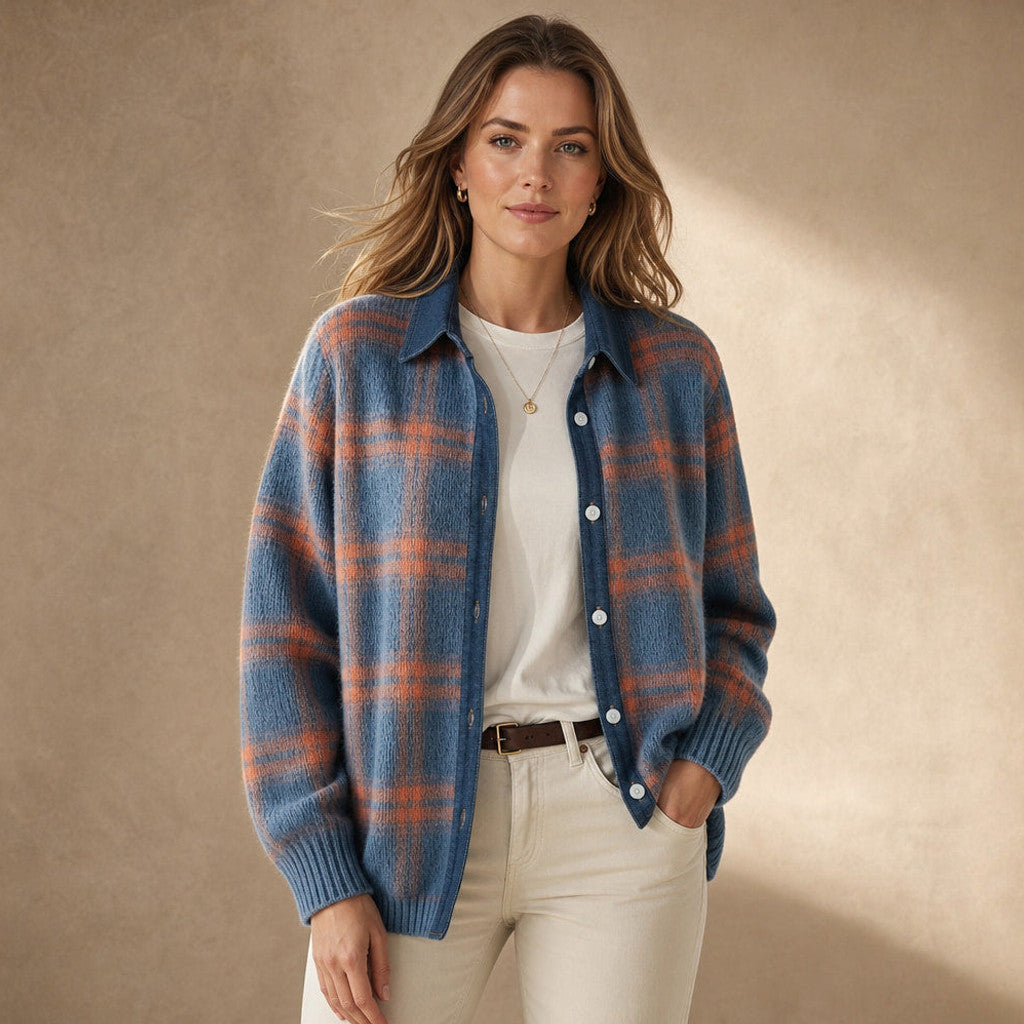 Halcyone | Long Open-Front Cardigan Ribbed Trim in Blue – Premium Editorial