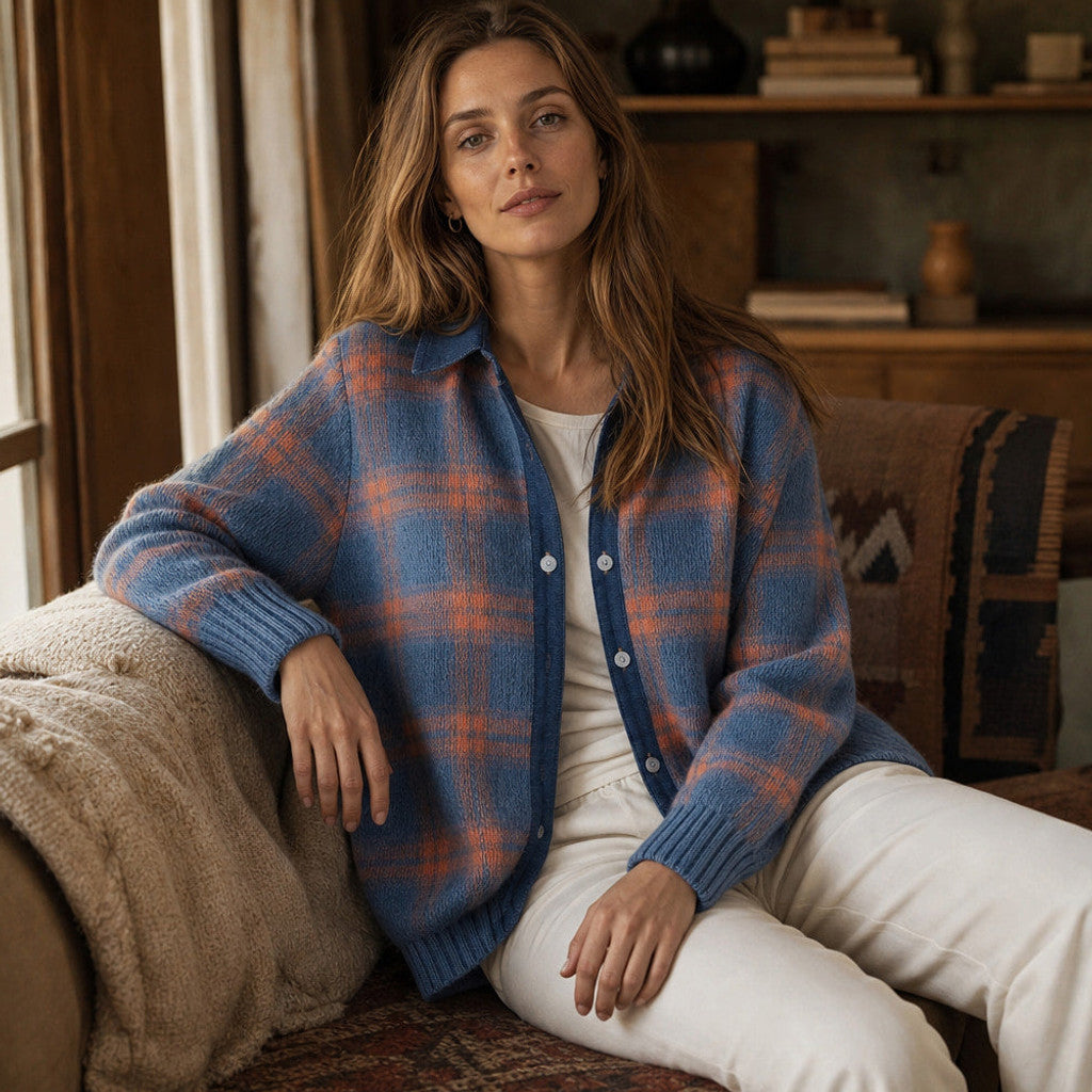 Halcyone | Long Open-Front Cardigan Ribbed Trim Blue – Styled Editorial Shot