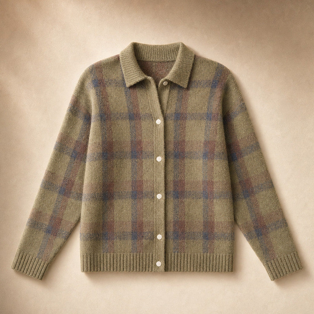 Halcyone | Long Open-Front Cardigan Ribbed Trim Brown – Product Photo