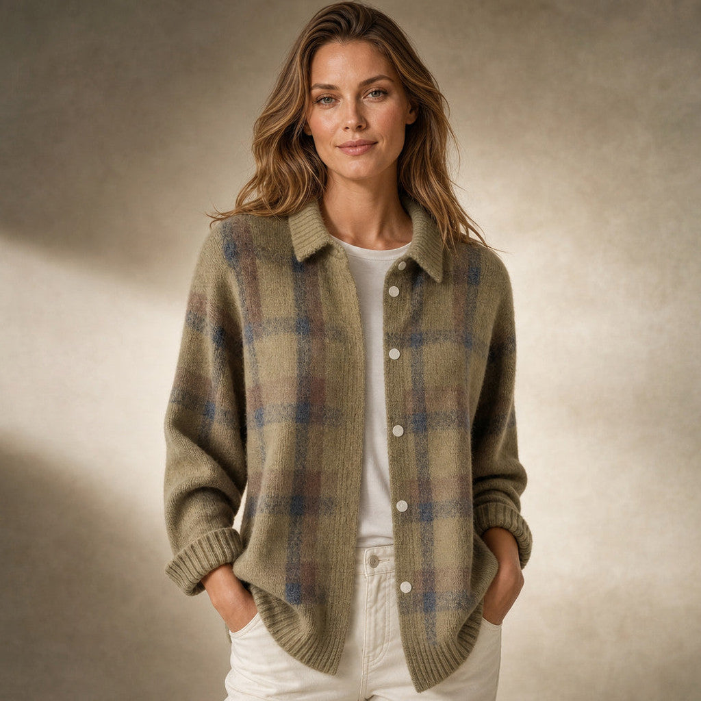 Halcyone | Long Open-Front Cardigan Ribbed Trim in Brown – Premium Editorial