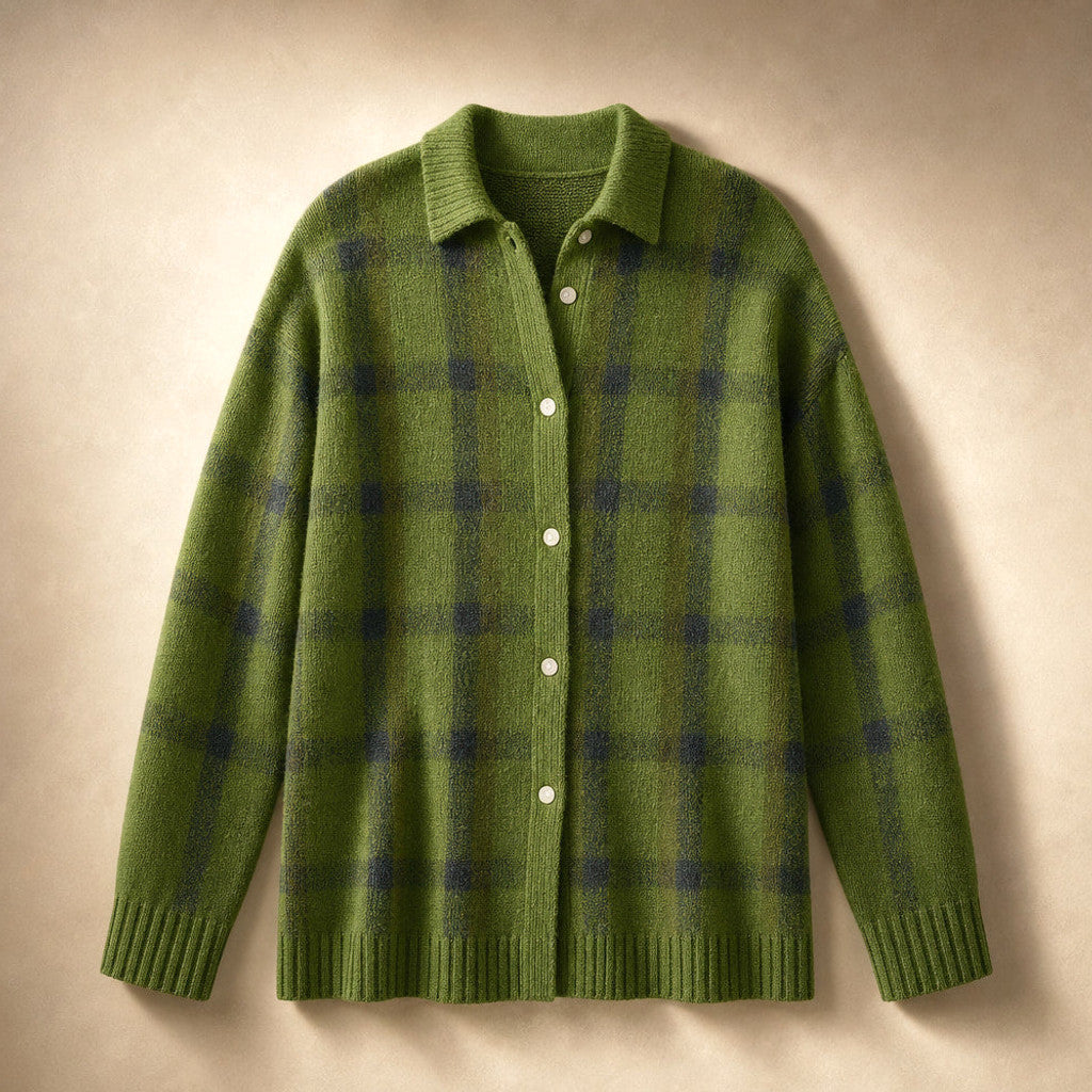 Halcyone | Long Open-Front Cardigan Ribbed Trim Green – Product Photo