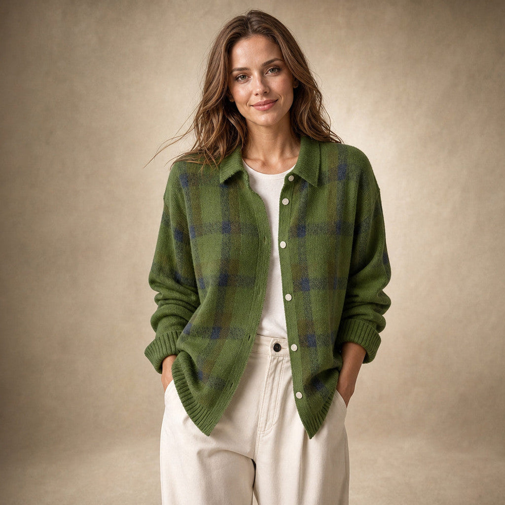 Halcyone | Long Open-Front Cardigan Ribbed Trim in Green – Premium Editorial