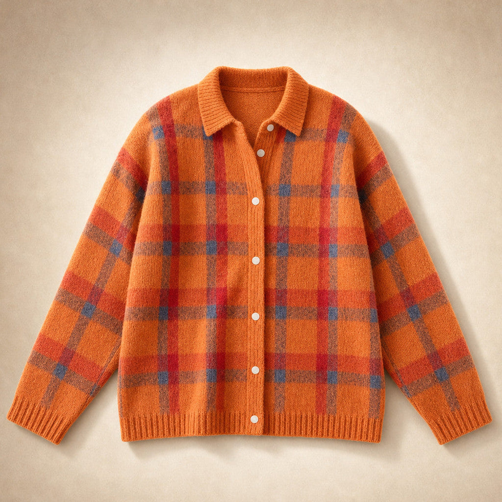 Halcyone | Long Open-Front Cardigan Ribbed Trim Orange – Product Photo