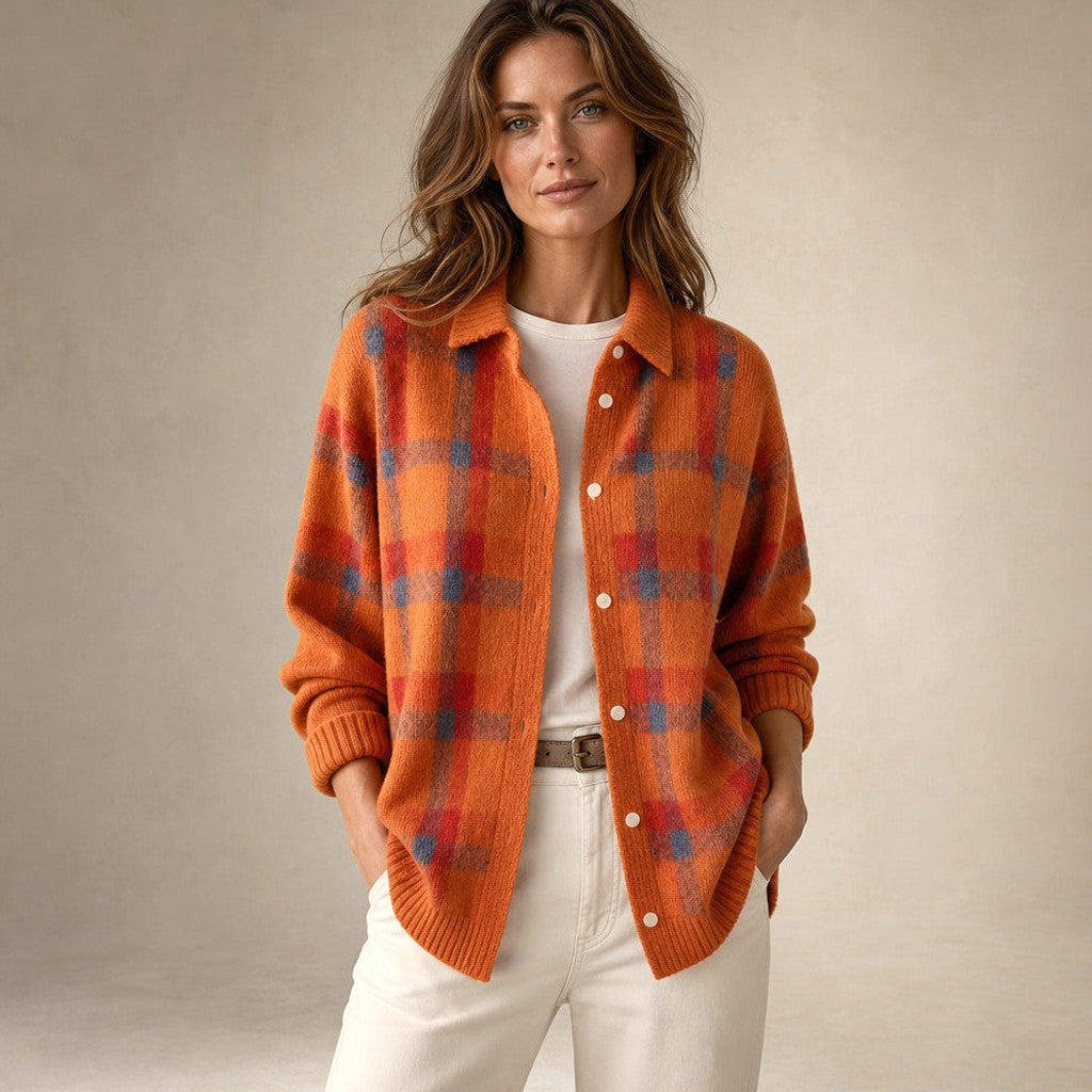 Halcyone | Long Open-Front Cardigan Ribbed Trim in Orange – Premium Editorial