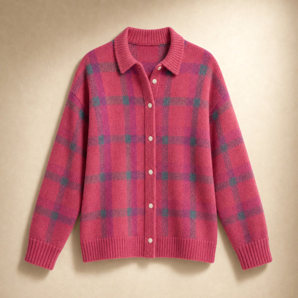 Halcyone | Long Open-Front Cardigan Ribbed Trim Pink – Product Photo