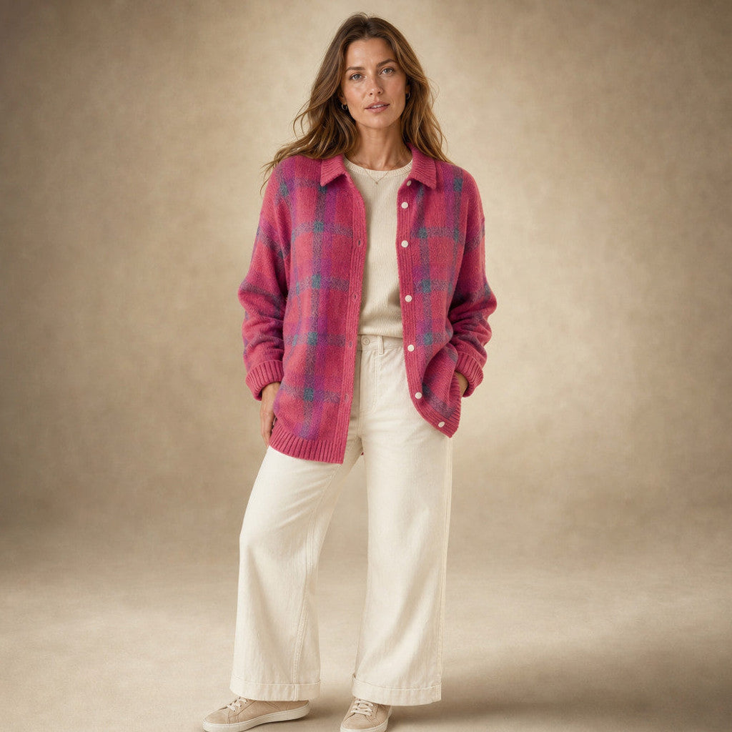 Halcyone | Long Open-Front Cardigan Ribbed Trim in Pink – Premium Editorial