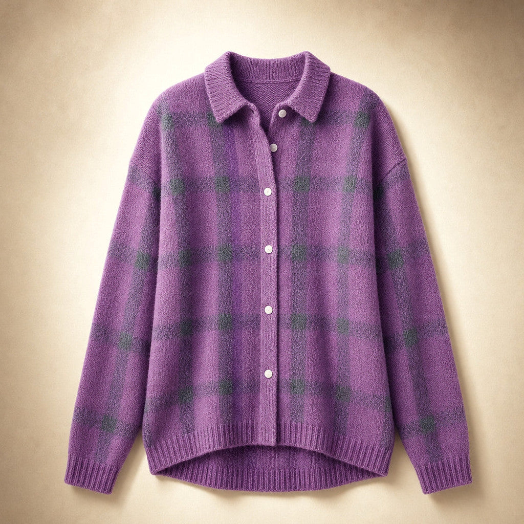 Halcyone | Long Open-Front Cardigan Ribbed Trim Purple – Product Photo
