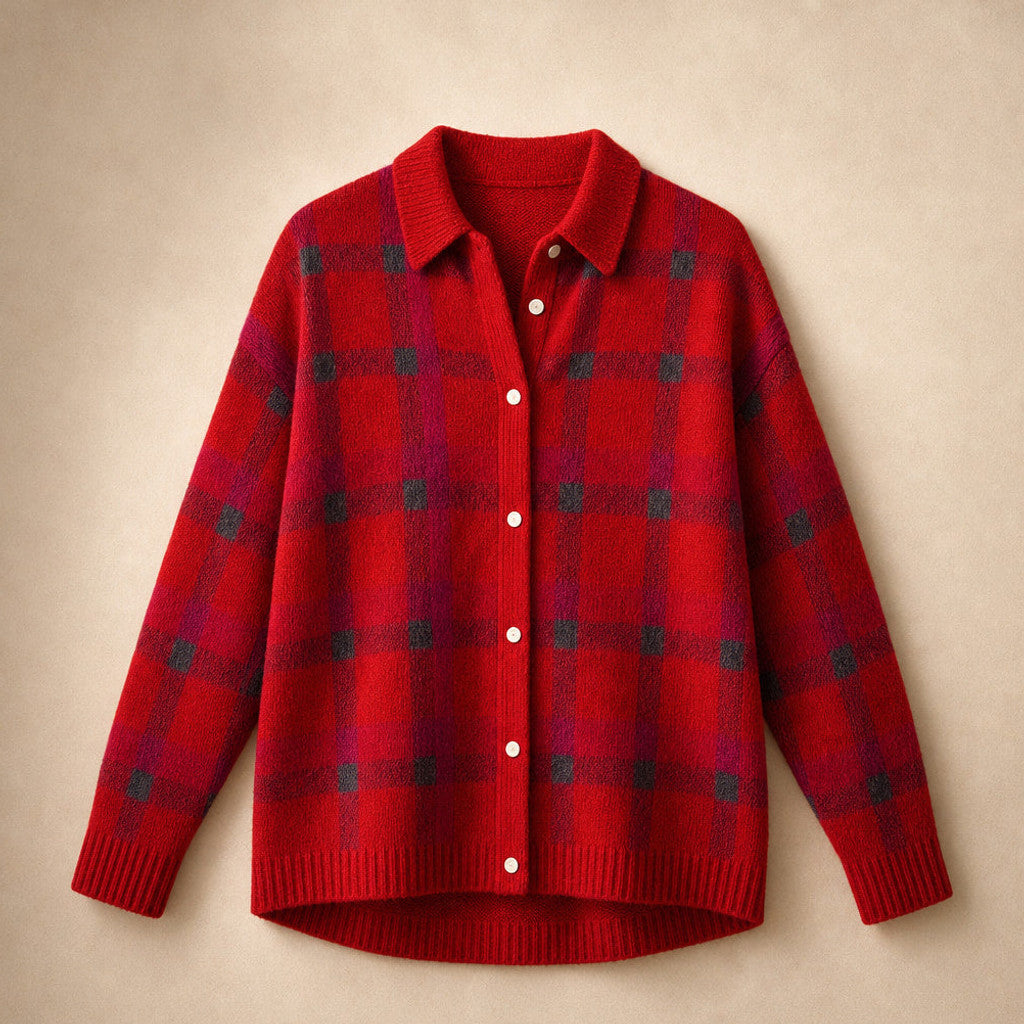 Halcyone | Long Open-Front Cardigan Ribbed Trim Red – Product Photo