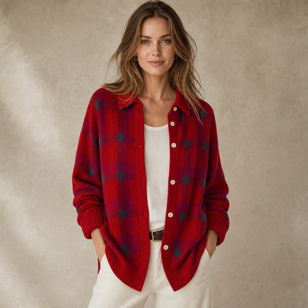 Halcyone | Long Open-Front Cardigan Ribbed Trim in Red – Premium Editorial