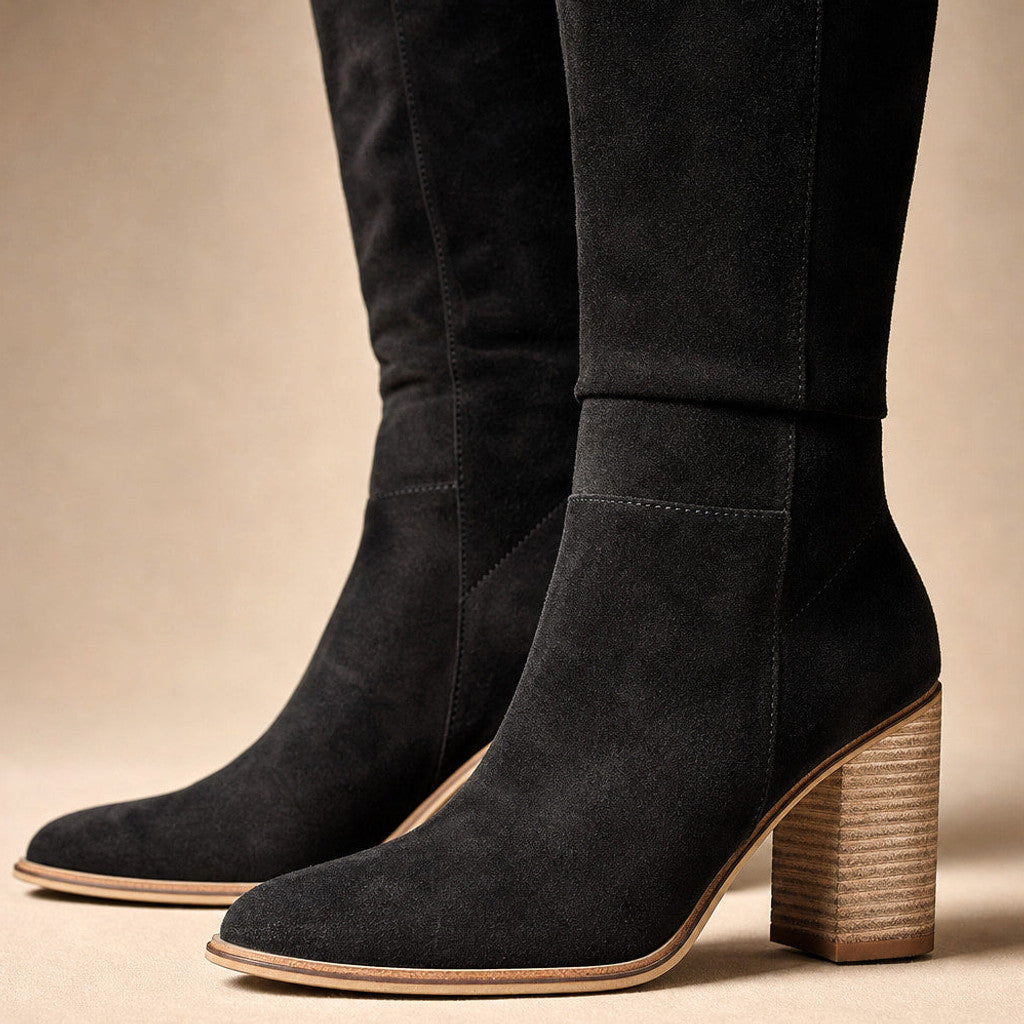Heloise | Knee-High Boots Pointed Toe Block Heel Black – Fabric and Detail Close-Up