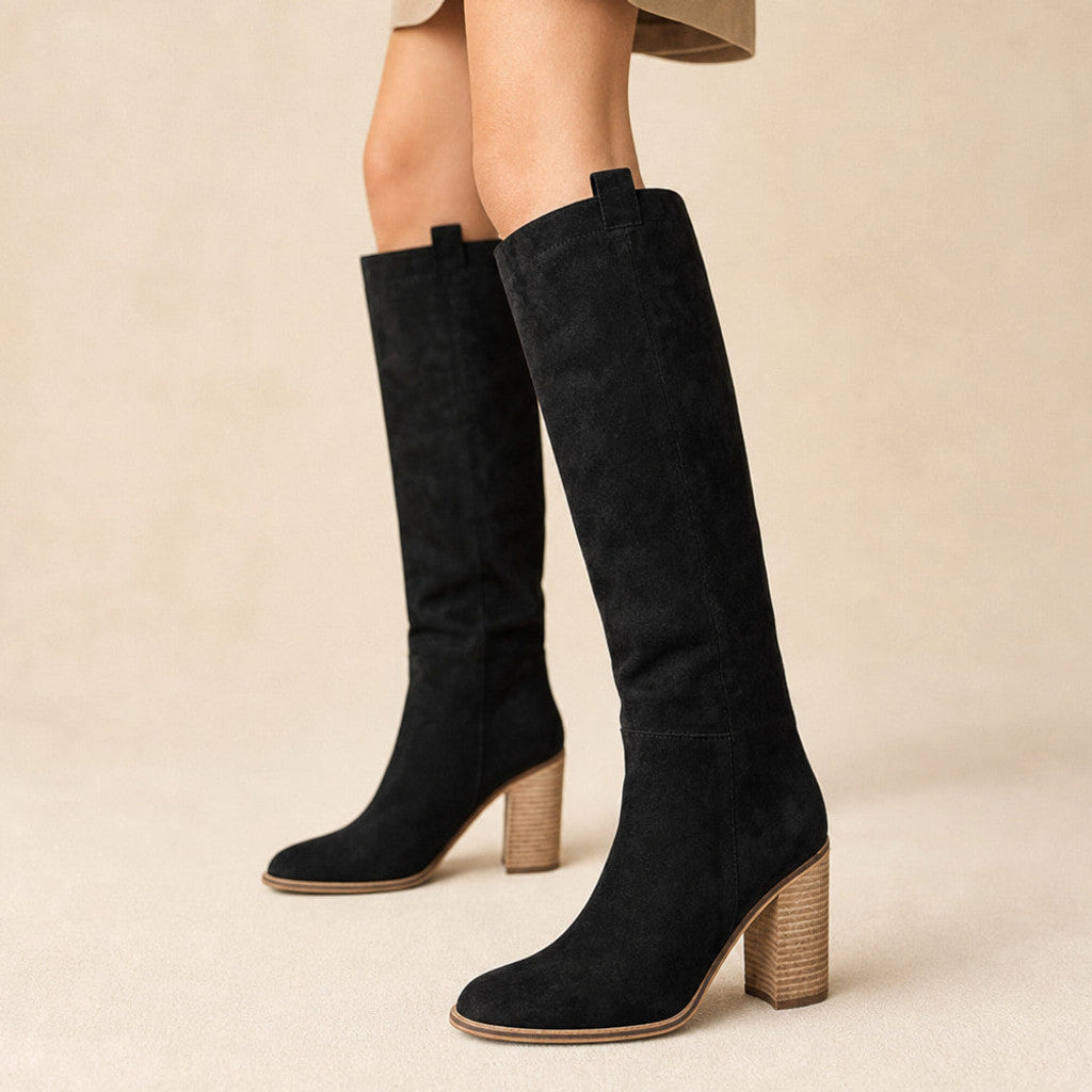 Heloise | Knee-High Boots Pointed Toe Block Heel in Black – Premium Editorial