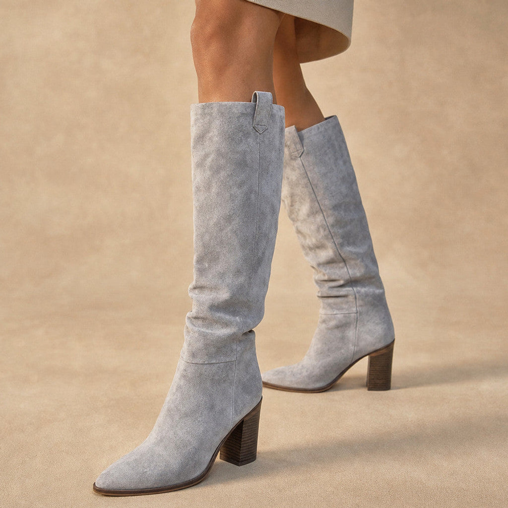 Heloise | Knee-High Boots Pointed Toe Block Heel in Grey – Premium Editorial