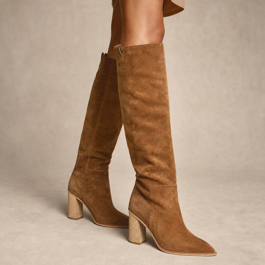 Heloise | Knee-High Boots Pointed Toe Block Heel Light Brown – Product Photo