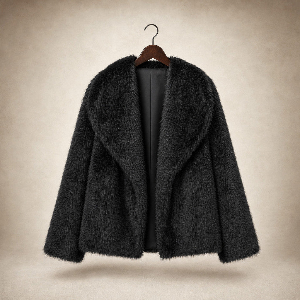 Hestia | Teddy Coat Wrap Front Shawl Collar Black – Product Photo