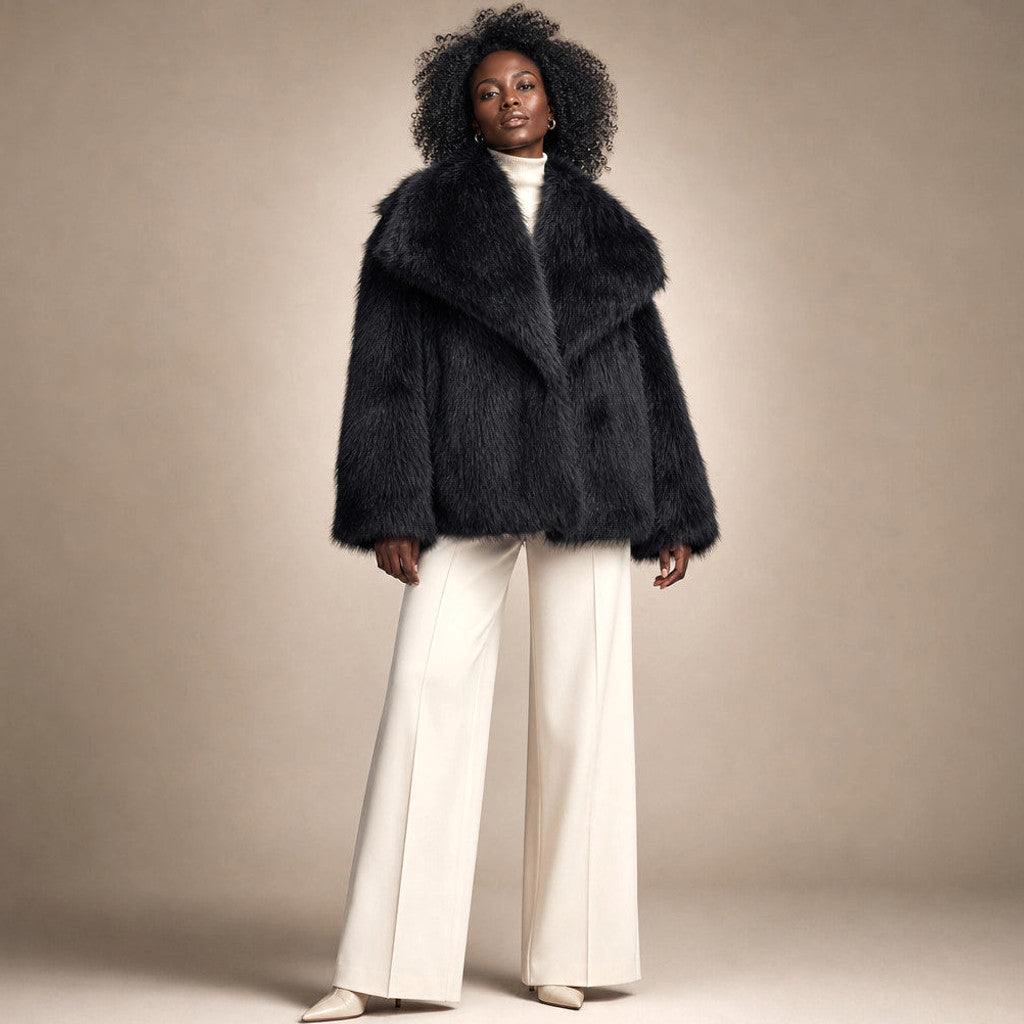Hestia | Teddy Coat Wrap Front Shawl Collar in Black – Premium Editorial
