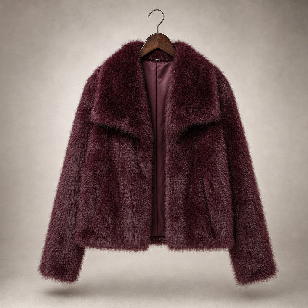 Hestia | Teddy Coat Wrap Front Shawl Collar Burgundy – Product Photo