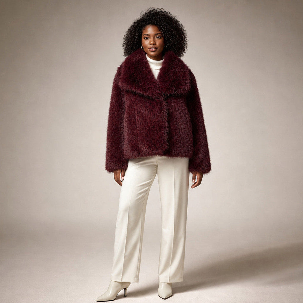 Hestia | Teddy Coat Wrap Front Shawl Collar in Burgundy – Premium Editorial