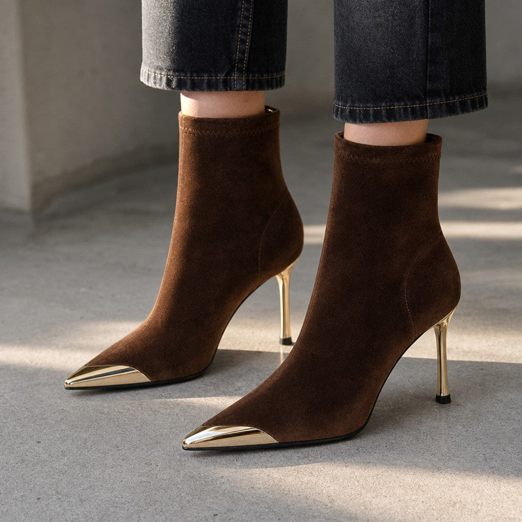 Hortense | Chelsea Boots Gold Toe Cap Stiletto – Styled Editorial Shot