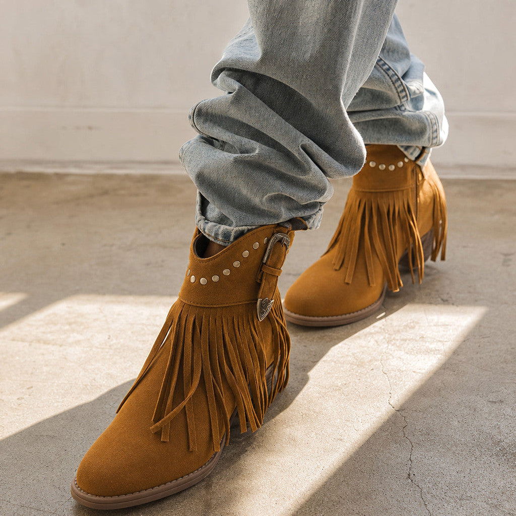 Hypatia | Fringe Cowboy Boots Wide-Calf Shaft – Styled Editorial Shot