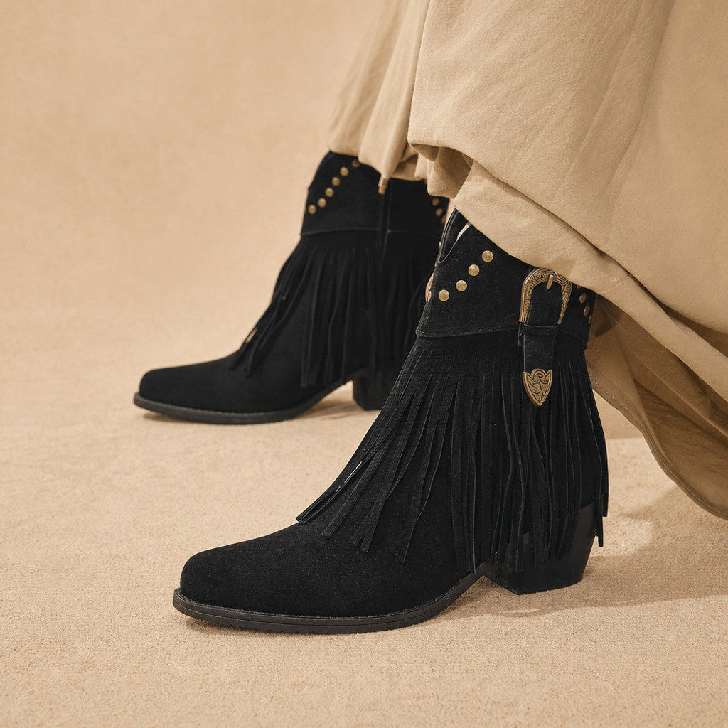 Hypatia | Fringe Cowboy Boots Wide-Calf Shaft in Black – Premium Editorial