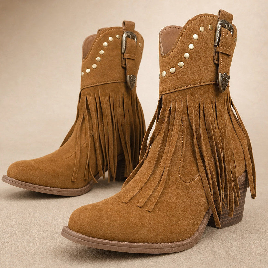 Hypatia | Fringe Cowboy Boots Wide-Calf Shaft Light Brown – Fabric and Detail Close-Up