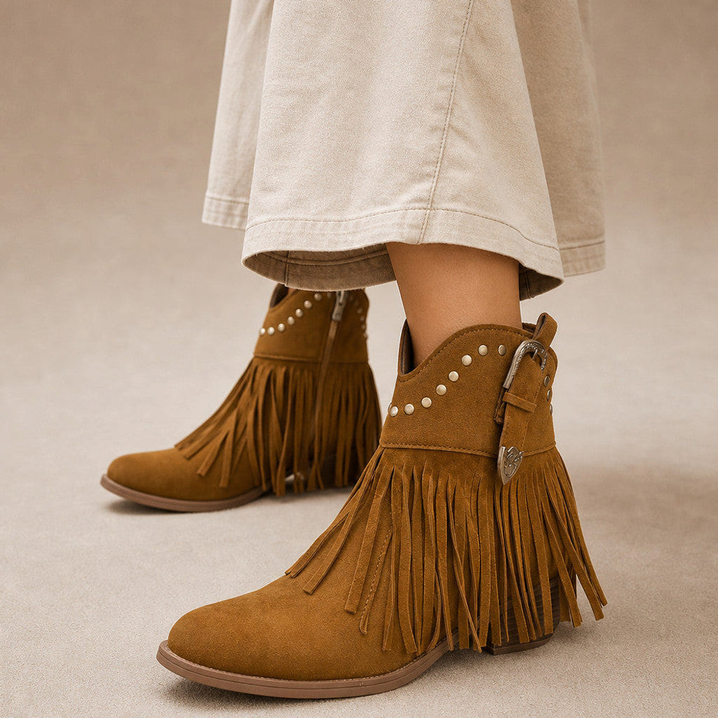 Hypatia | Fringe Cowboy Boots Wide-Calf Shaft in Light Brown – Premium Editorial
