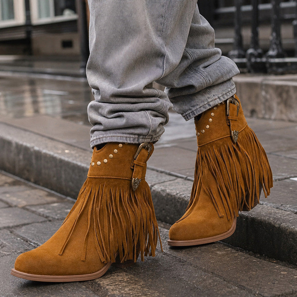 Hypatia | Fringe Cowboy Boots Wide-Calf Shaft Light Brown – Styled Editorial Shot