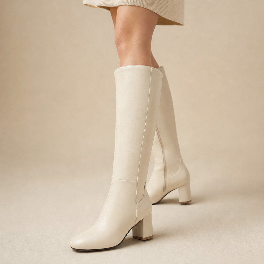 Isambard | Knee-High Boots Leather Block Heel in Beige – Premium Editorial