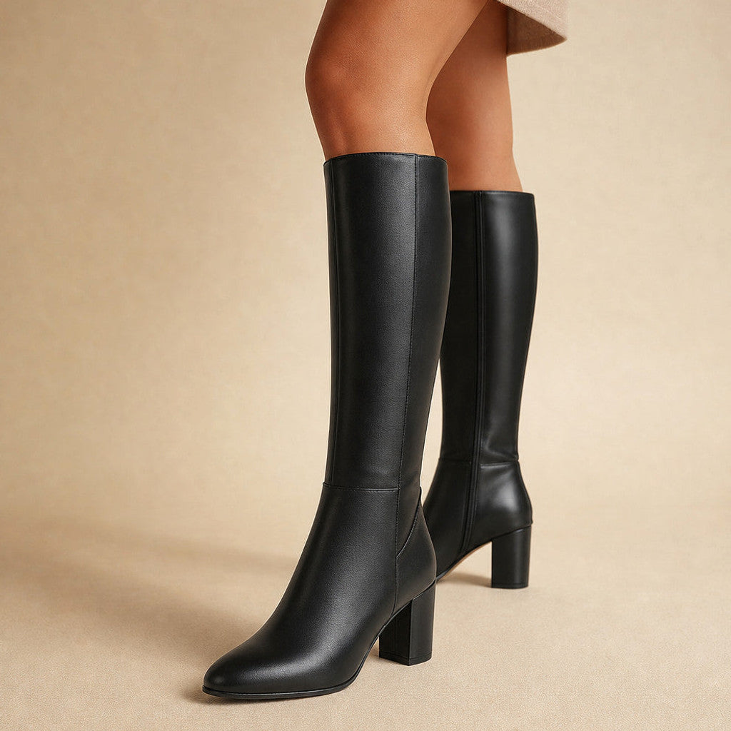 Isambard | Knee-High Boots Leather Block Heel Black – Product Photo