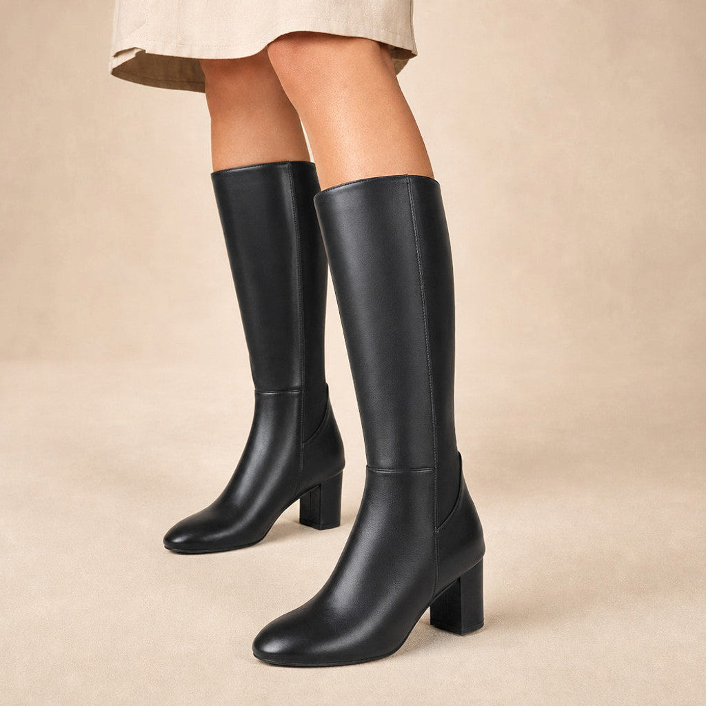 Isambard | Knee-High Boots Leather Block Heel in Black – Premium Editorial