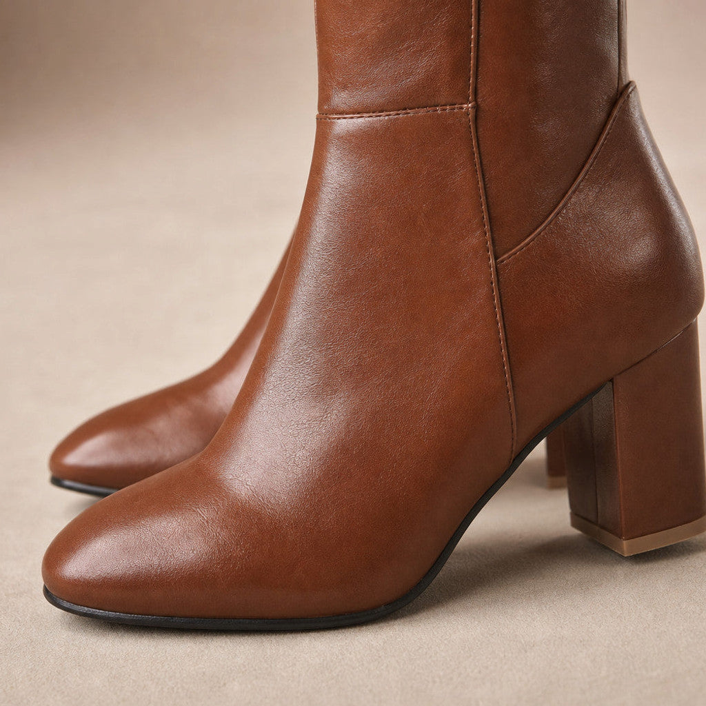 Isambard | Knee-High Boots Leather Block Heel Brown – Fabric and Detail Close-Up