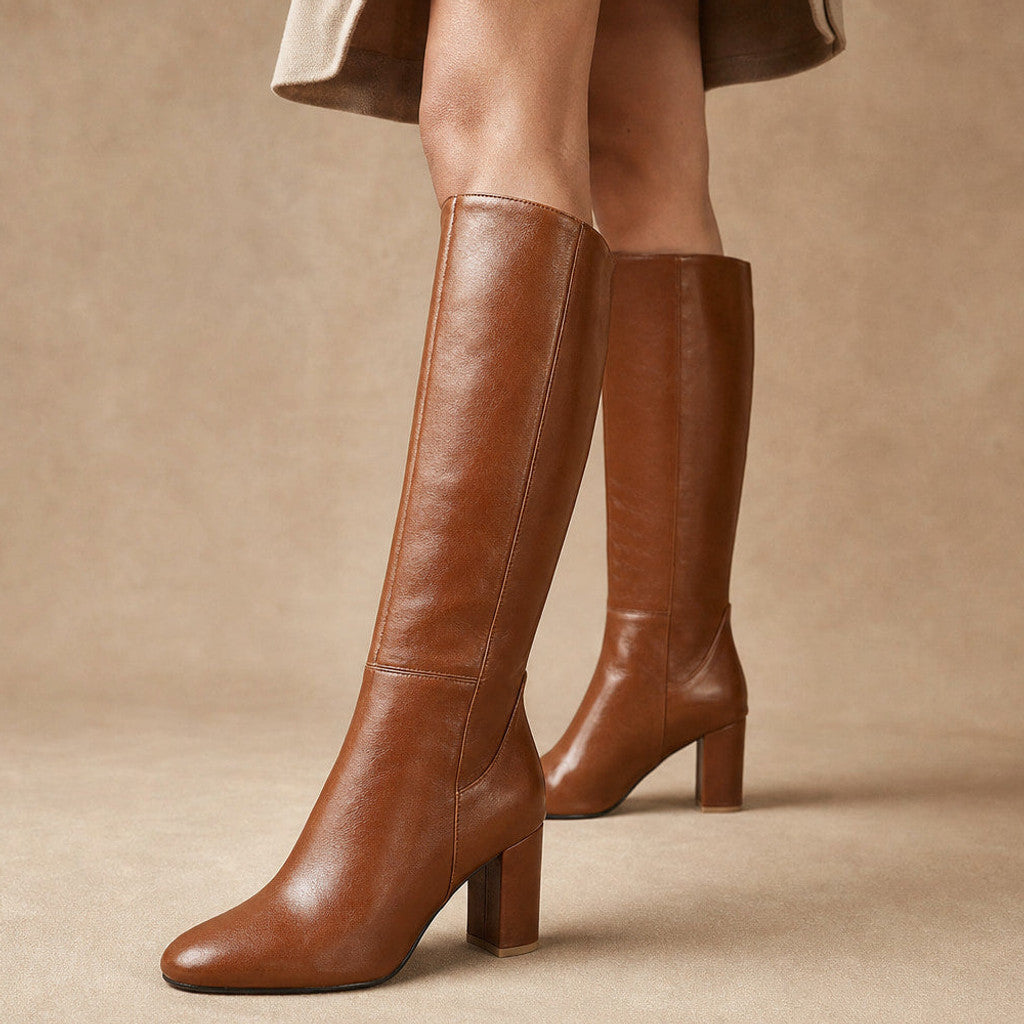 Isambard | Knee-High Boots Leather Block Heel in Brown – Premium Editorial