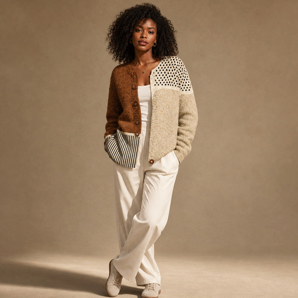 Jehanne | Patchwork Knit Cardigan Open Front Brown/Beige – Side Angle View