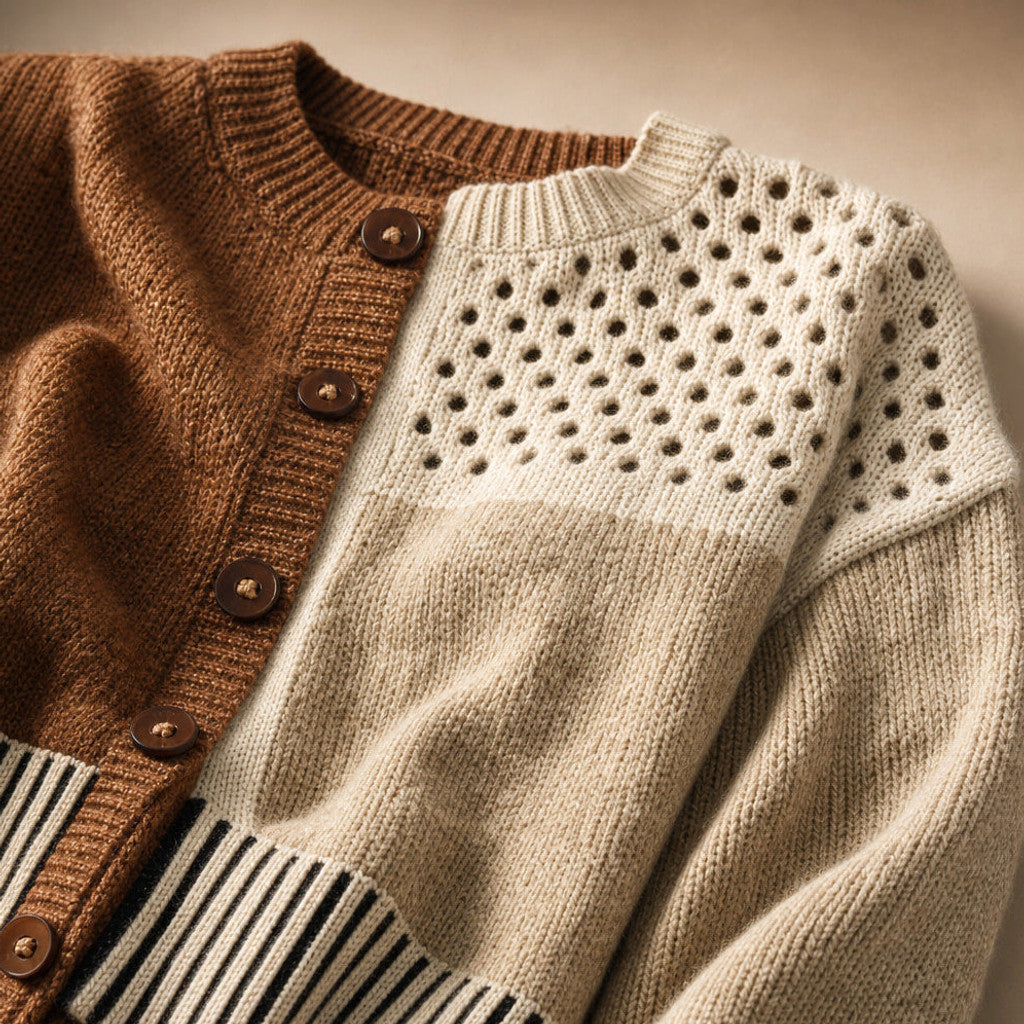 Jehanne | Patchwork Knit Cardigan Open Front Brown/Beige – Fabric and Detail Close-Up