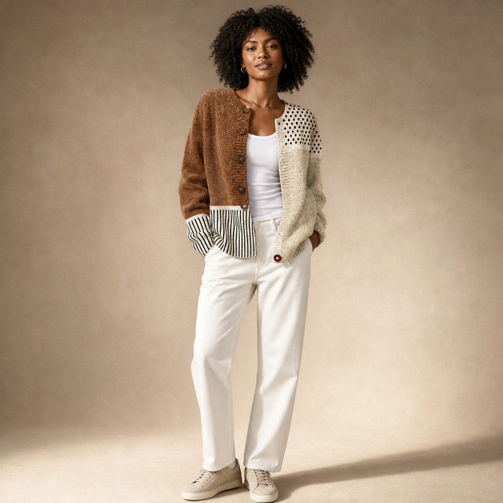 Jehanne | Patchwork Knit Cardigan Open Front Brown/Beige – Full Look