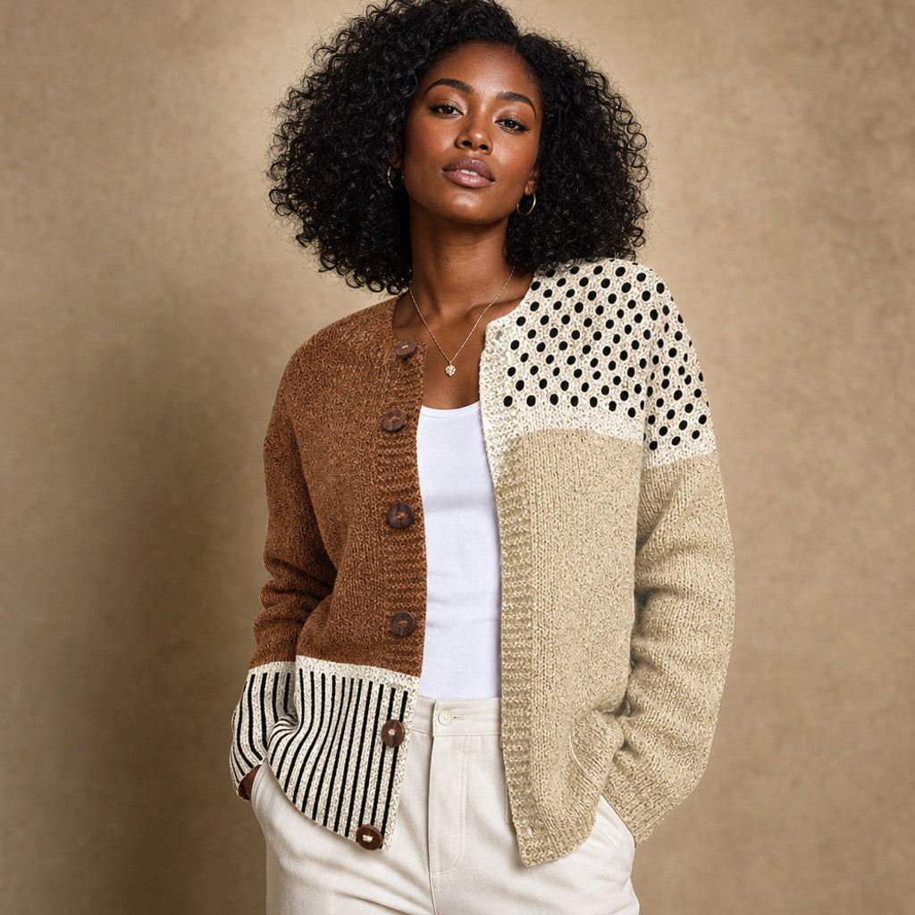 Jehanne | Patchwork Knit Cardigan Open Front Brown/Beige – Premium Editorial