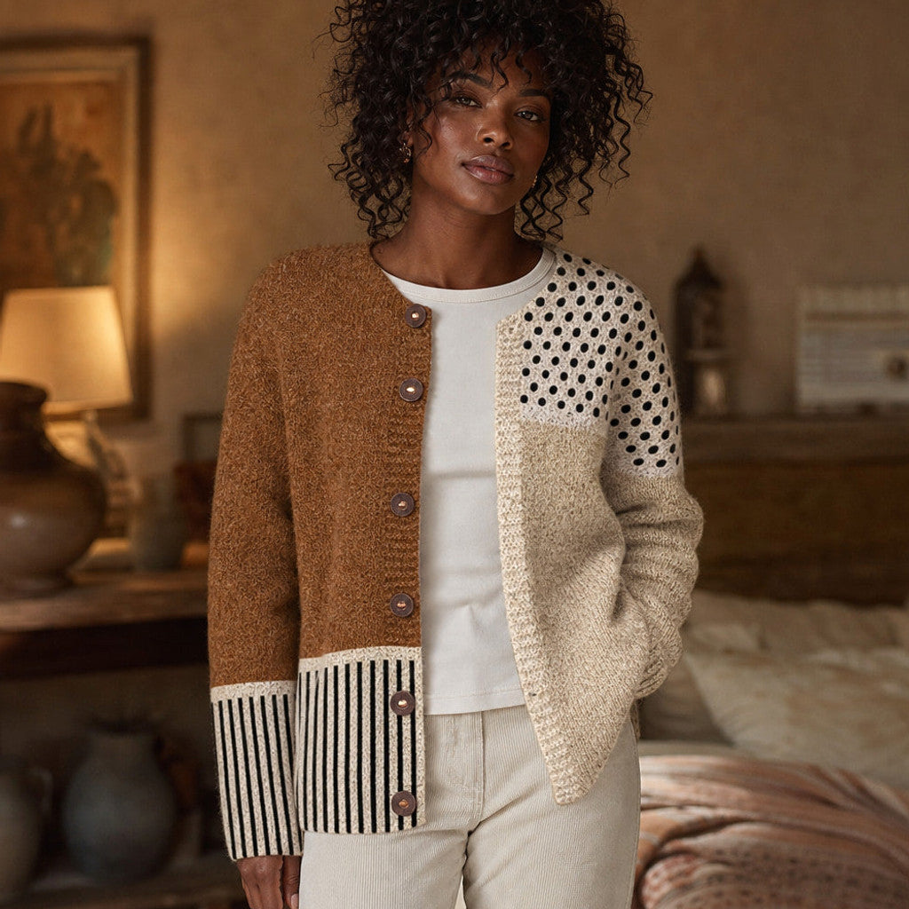 Jehanne | Patchwork Knit Cardigan Open Front Brown/Beige – Styled Editorial Shot
