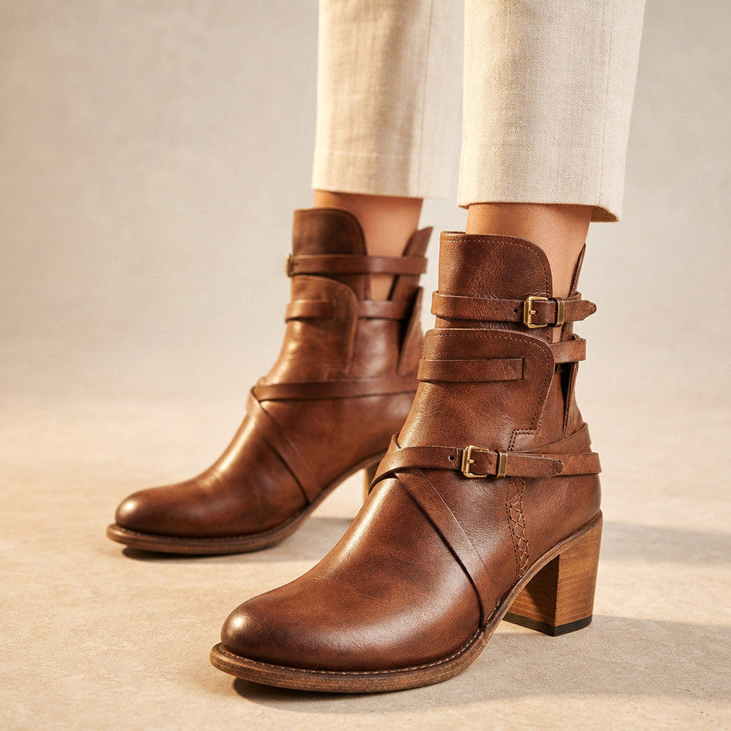 Jessamine | Distressed Leather Chelsea Boots Buckle Strap Brown – Product Photo