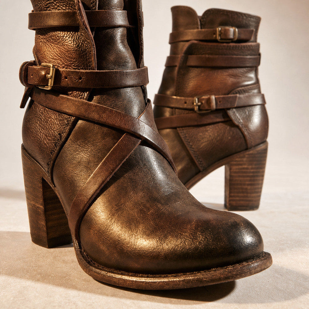 Jessamine | Distressed Leather Chelsea Boots Buckle Strap Dark Brown – Fabric and Detail Close-Up