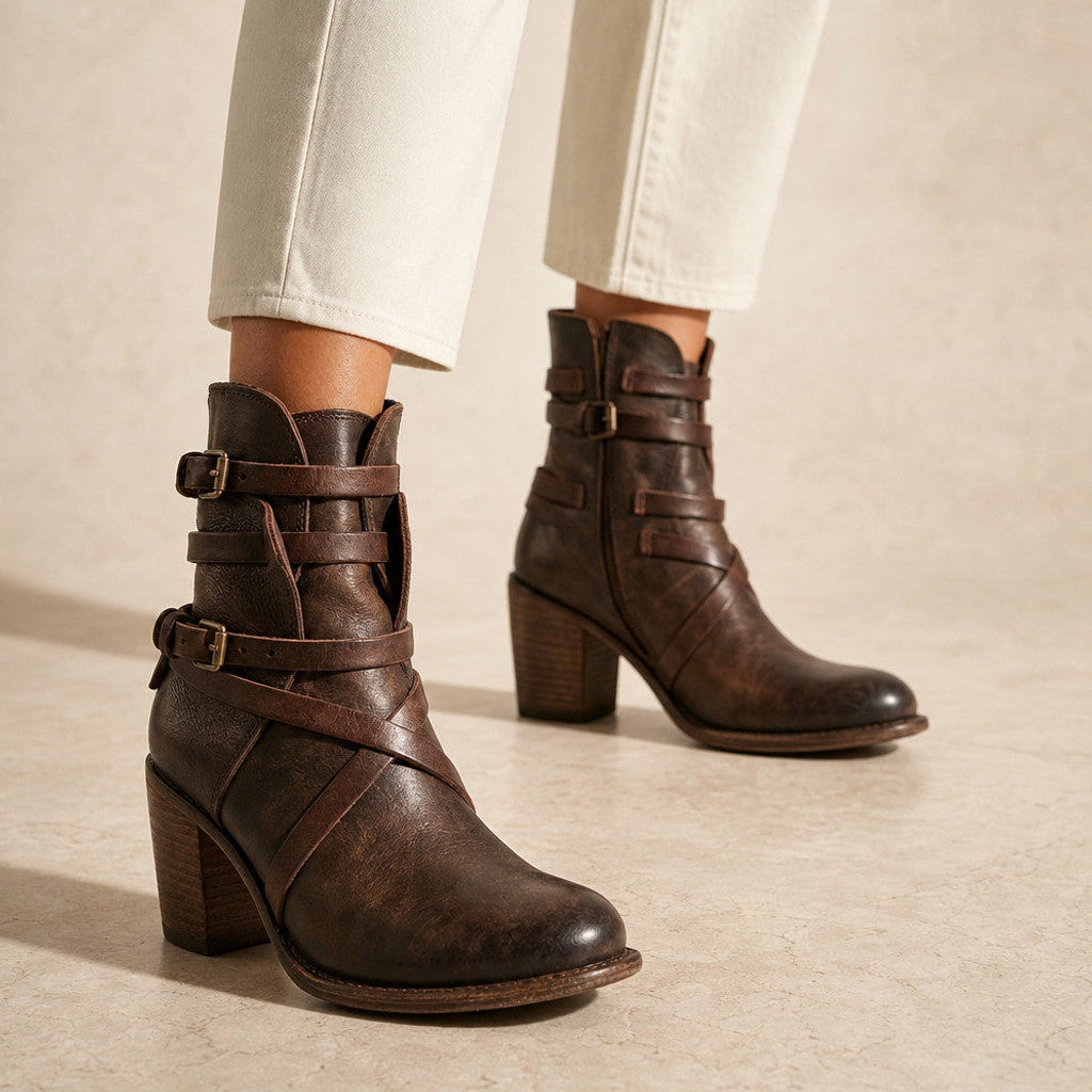 Jessamine | Distressed Leather Chelsea Boots Buckle Strap in Dark Brown – Premium Editorial